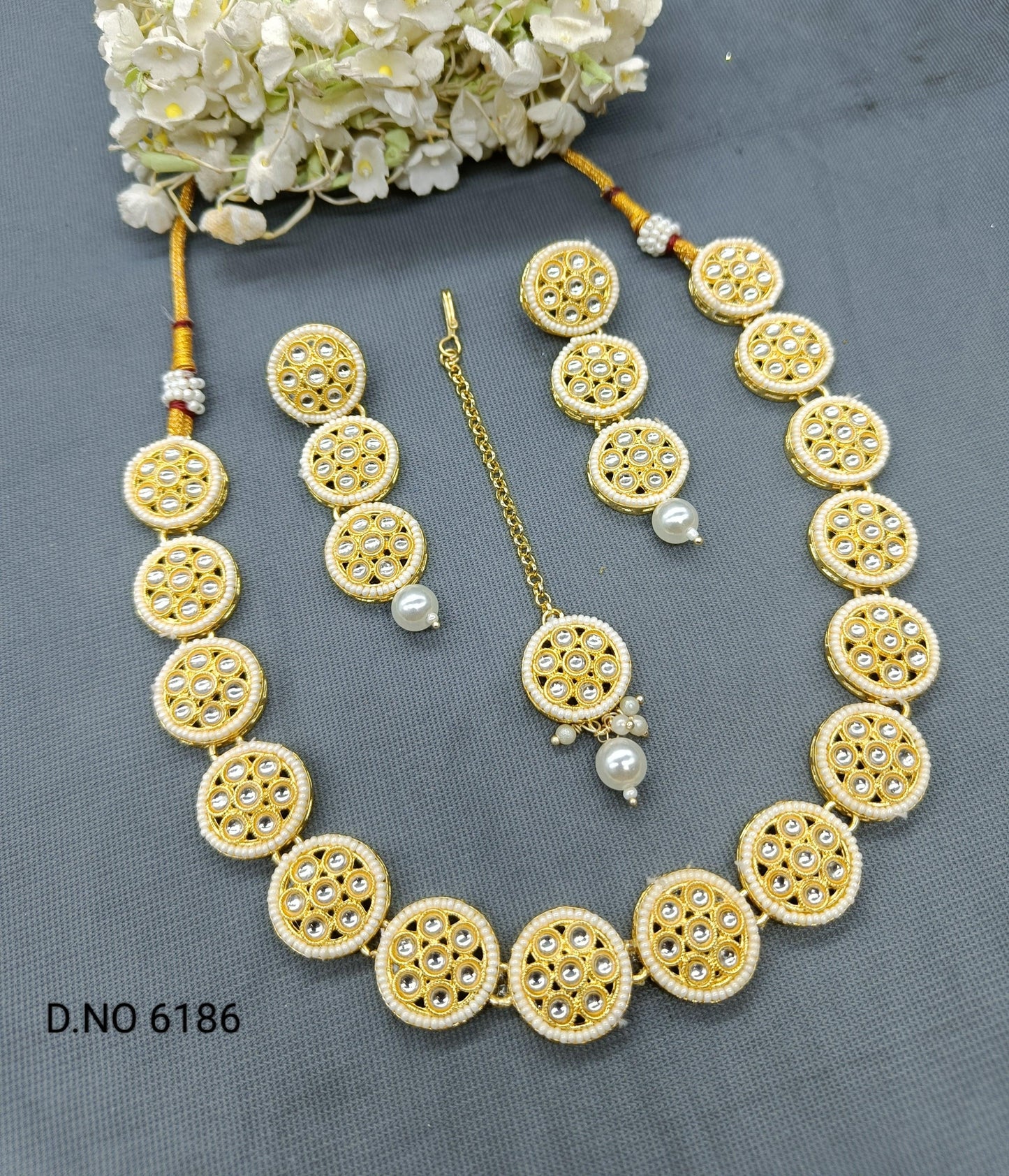 Golden Kundan Necklace Set Sku 6186 B4 - rchiecreation