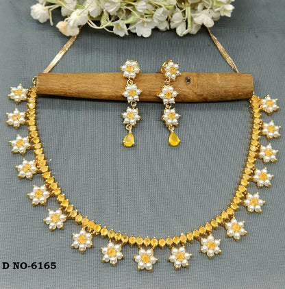 Golden Pearl Necklace Set Sku-6165 D3 - rchiecreation