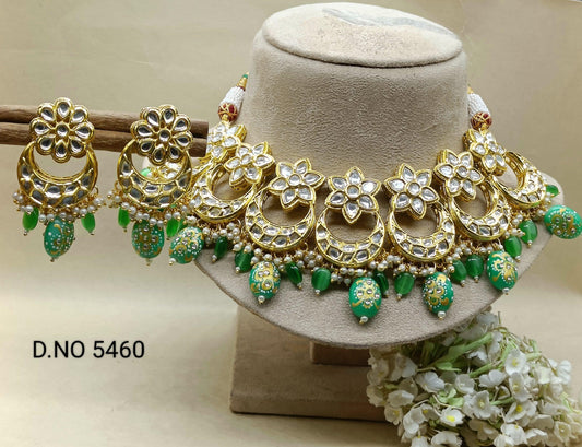 Green Kundan Necklace Set Sku-5460 D4 - rchiecreation