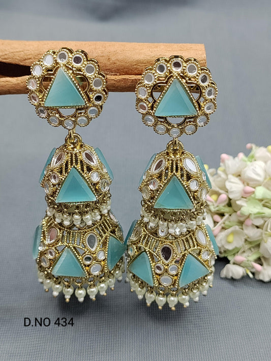 Kundan Double Jhumki Earring Mehndi Sku-434 A3 - rchiecreation