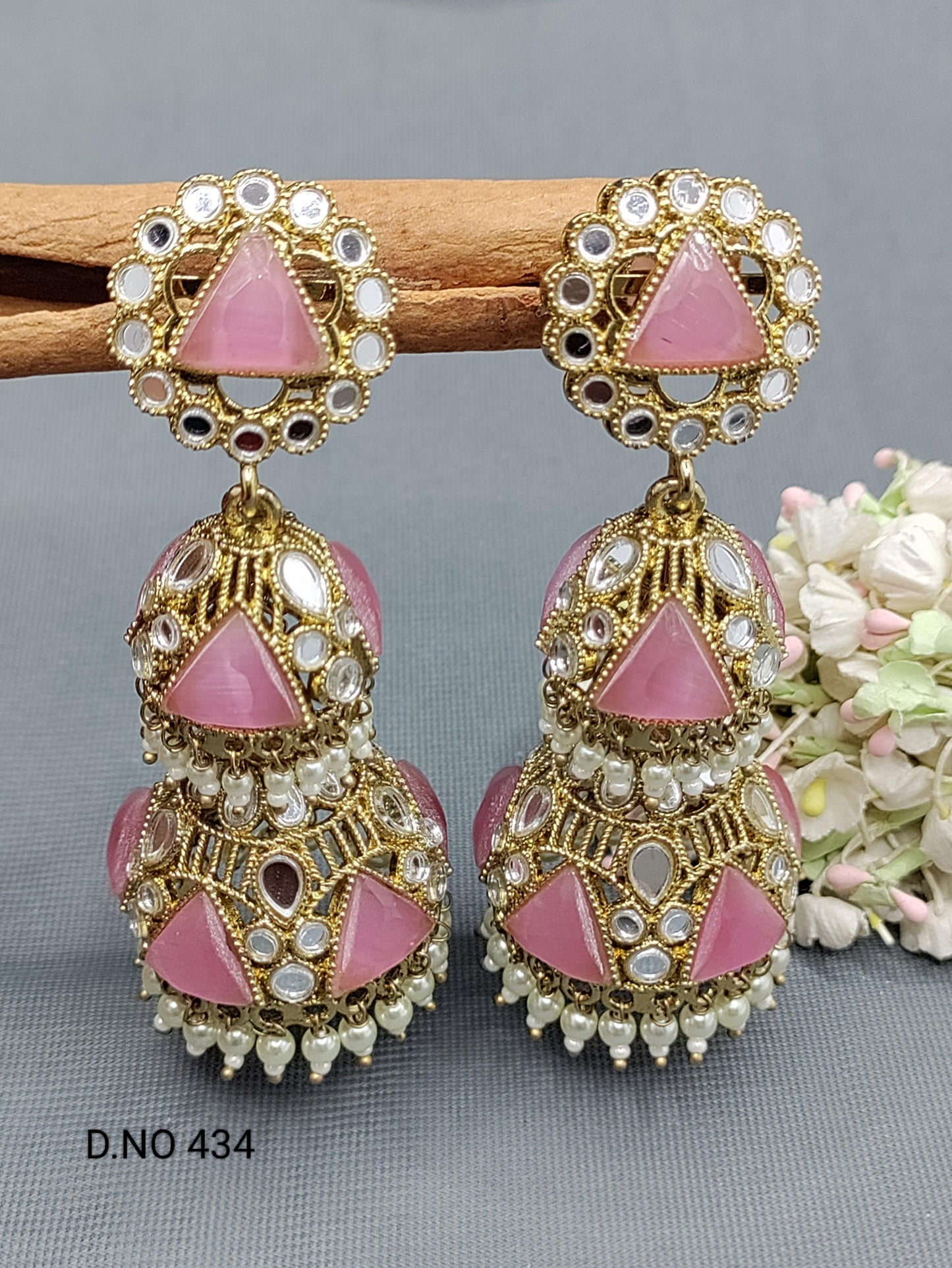 Kundan Double Jhumki Earring Mehndi Sku-434 A3 - rchiecreation