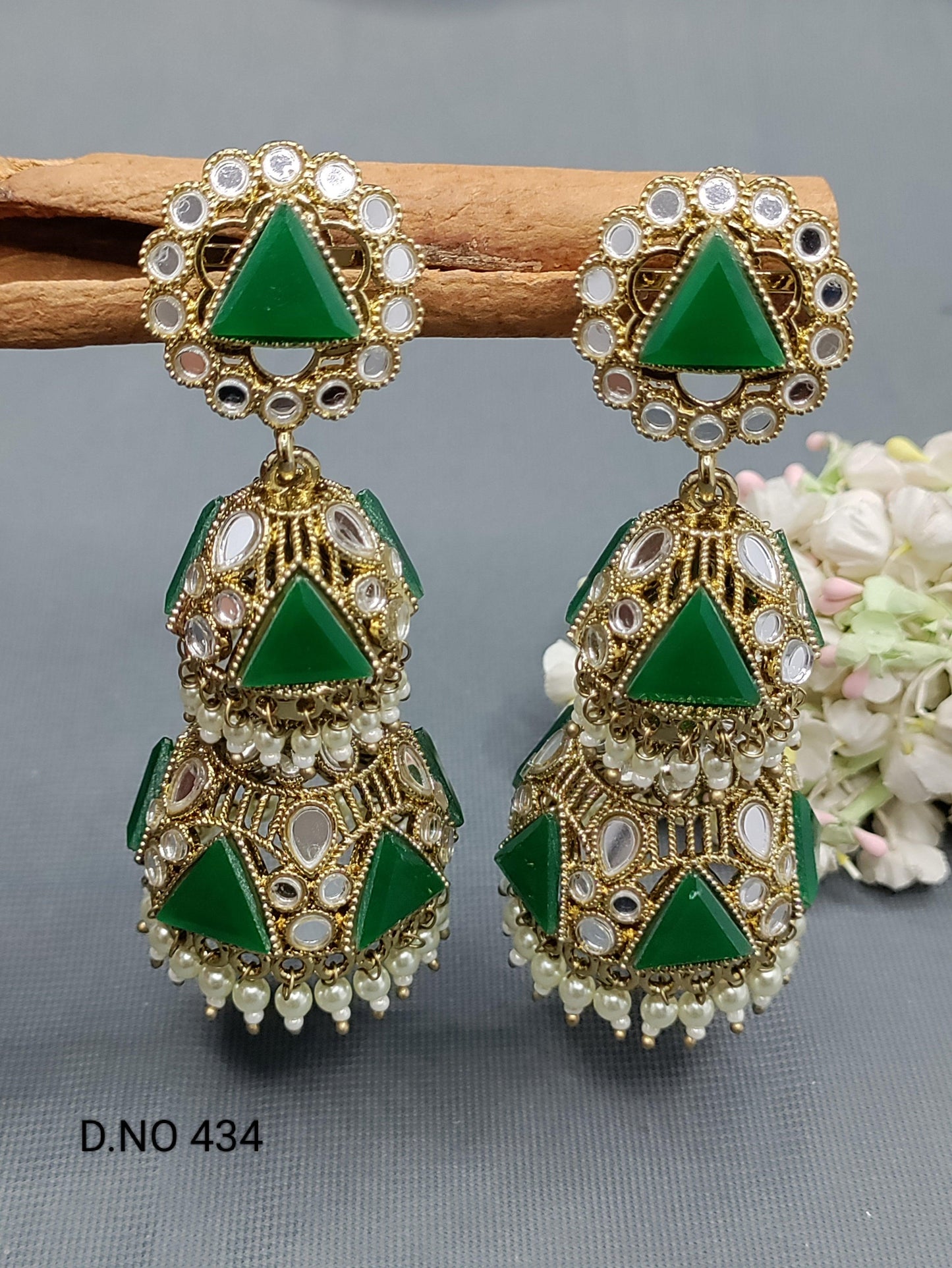 Kundan Double Jhumki Earring Mehndi Sku-434 A3 - rchiecreation