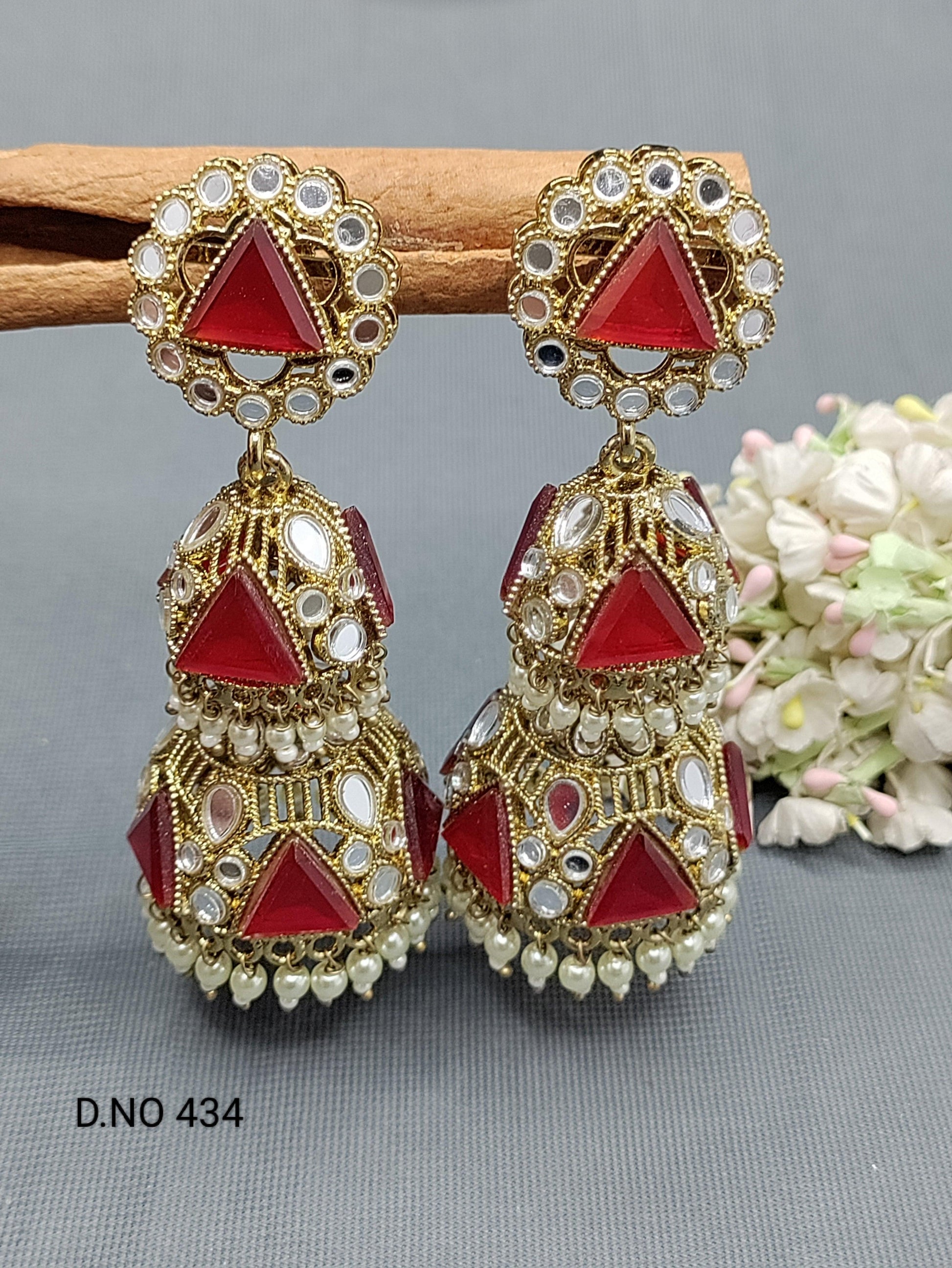 Kundan Double Jhumki Earring Mehndi Sku-434 A3 - rchiecreation