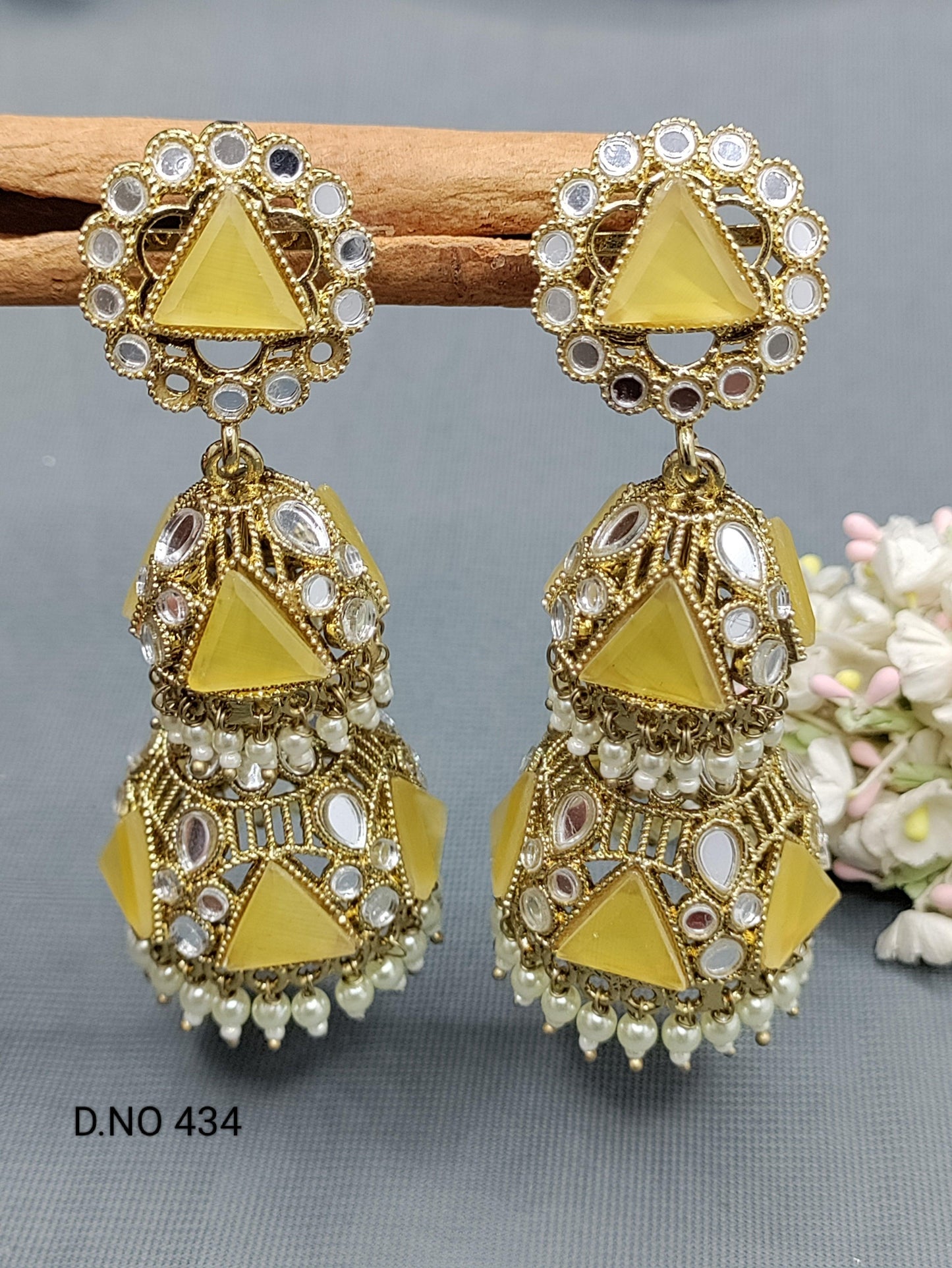 Kundan Double Jhumki Earring Mehndi Sku-434 A3 - rchiecreation