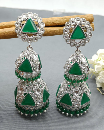 Kundan Double Jhumki Earring Rodium Sku-434 A3 - rchiecreation