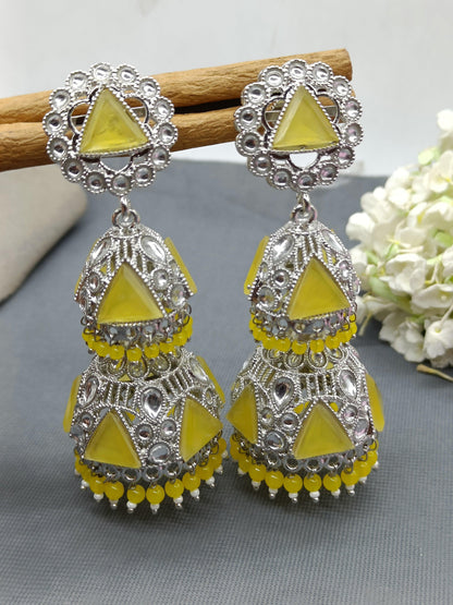 Kundan Double Jhumki Earring Rodium Sku-434 A3 - rchiecreation