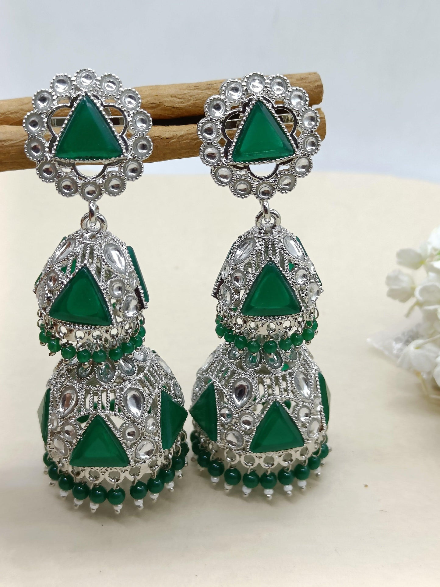 Kundan Double Jhumki Earring Rodium Sku-434 A3 - rchiecreation