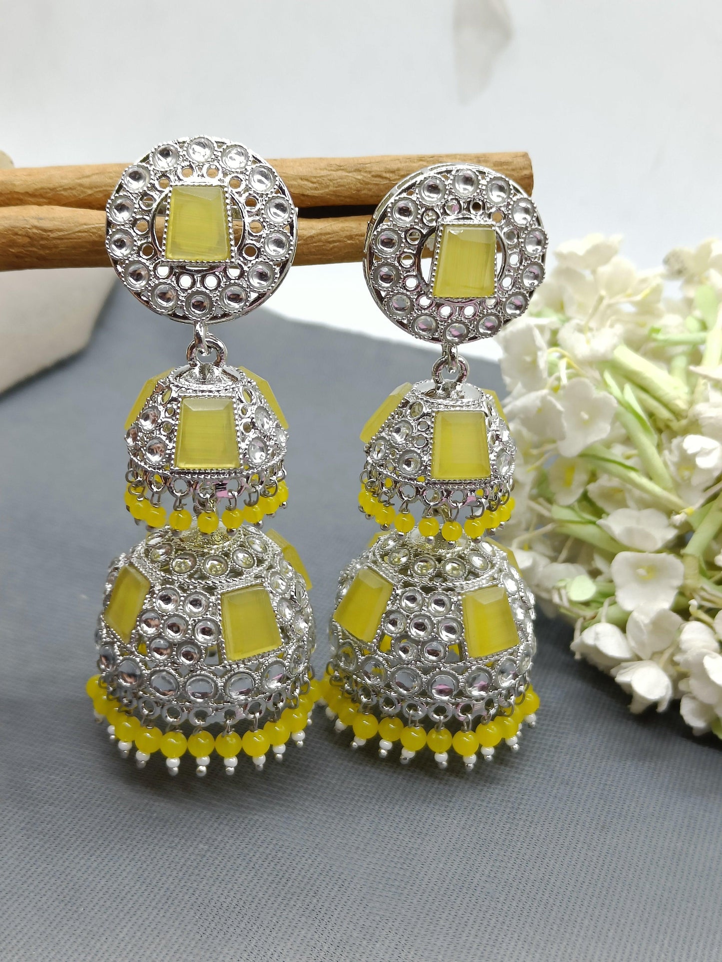 Kundan Double Jhumki Earring Rodium Sku-903 A4 - rchiecreation