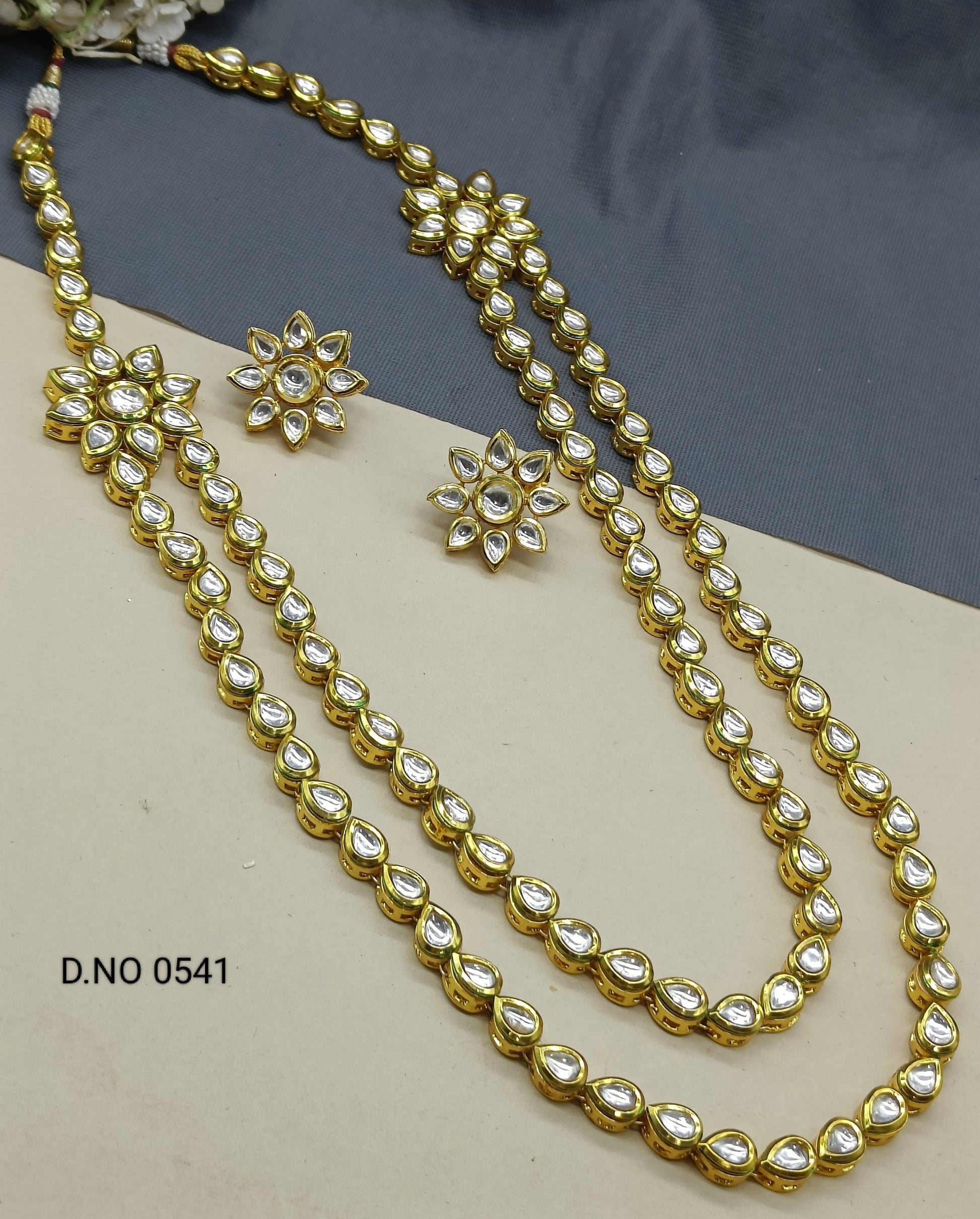 Kundan Golden Long Necklace Set Sku 0541 D4 - rchiecreation