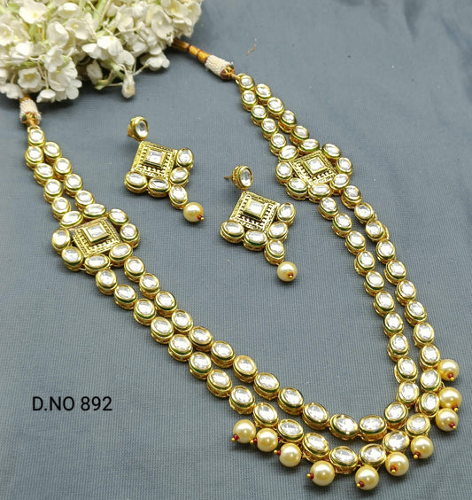 Kundan Golden Long Necklace Set Sku 892 D4 - rchiecreation