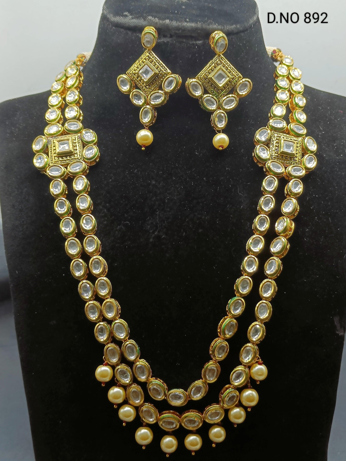Kundan Golden Long Necklace Set Sku 892 D4 - rchiecreation
