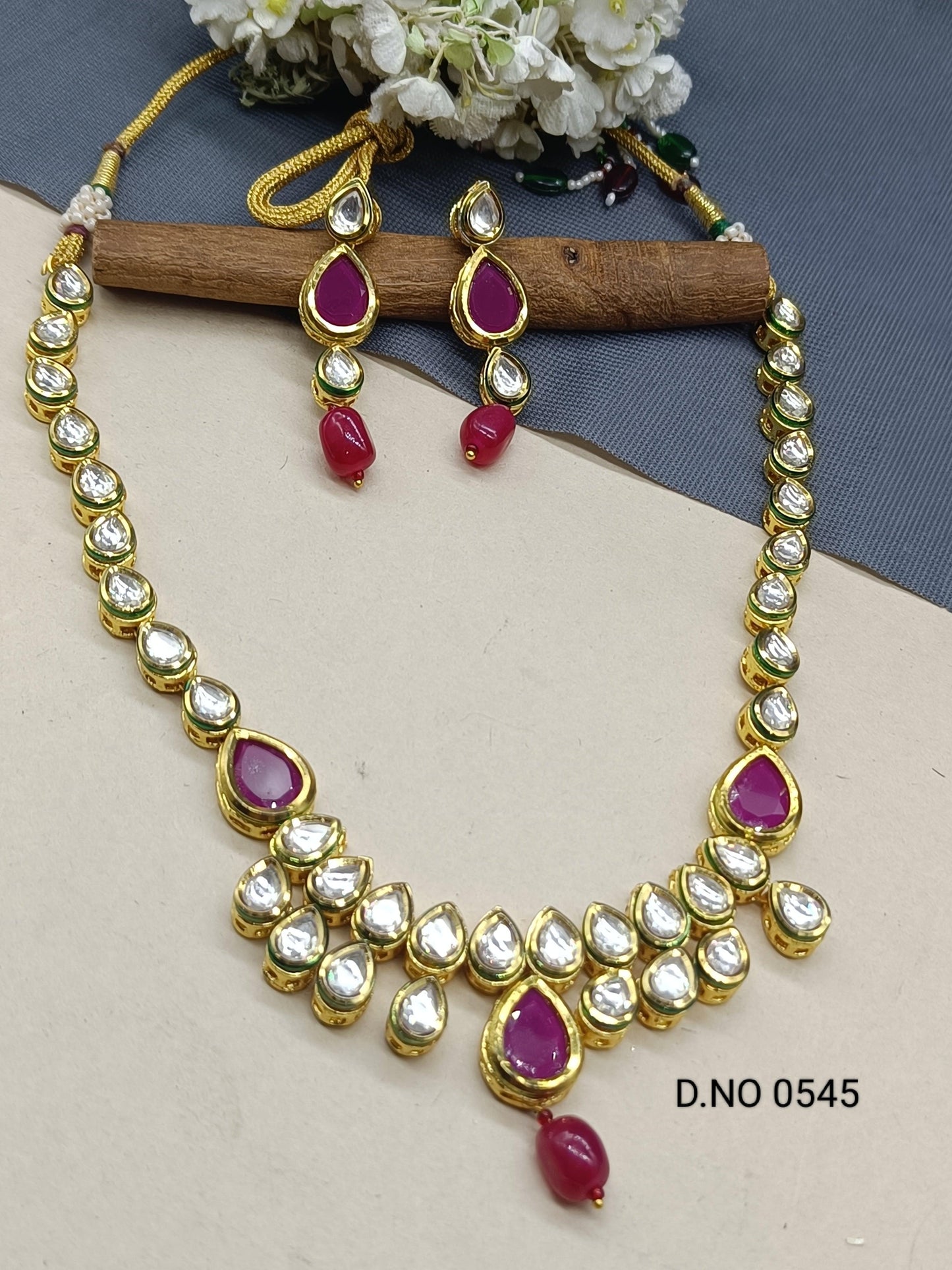 Kundan Golden Necklace Set Sku 0545 D4 - rchiecreation