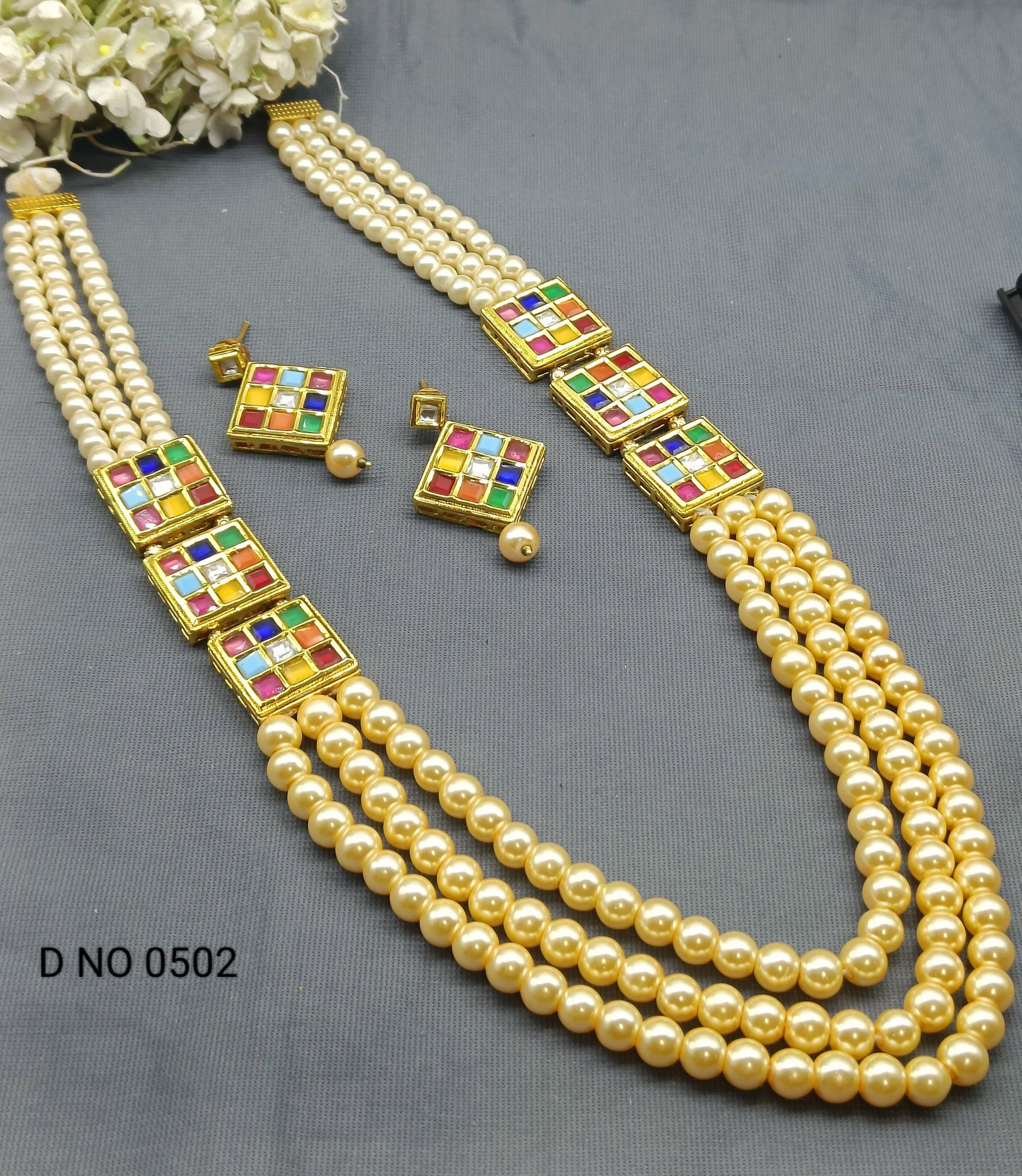Kundan pearl Long Necklace Set Sku 0502 D4 - rchiecreation