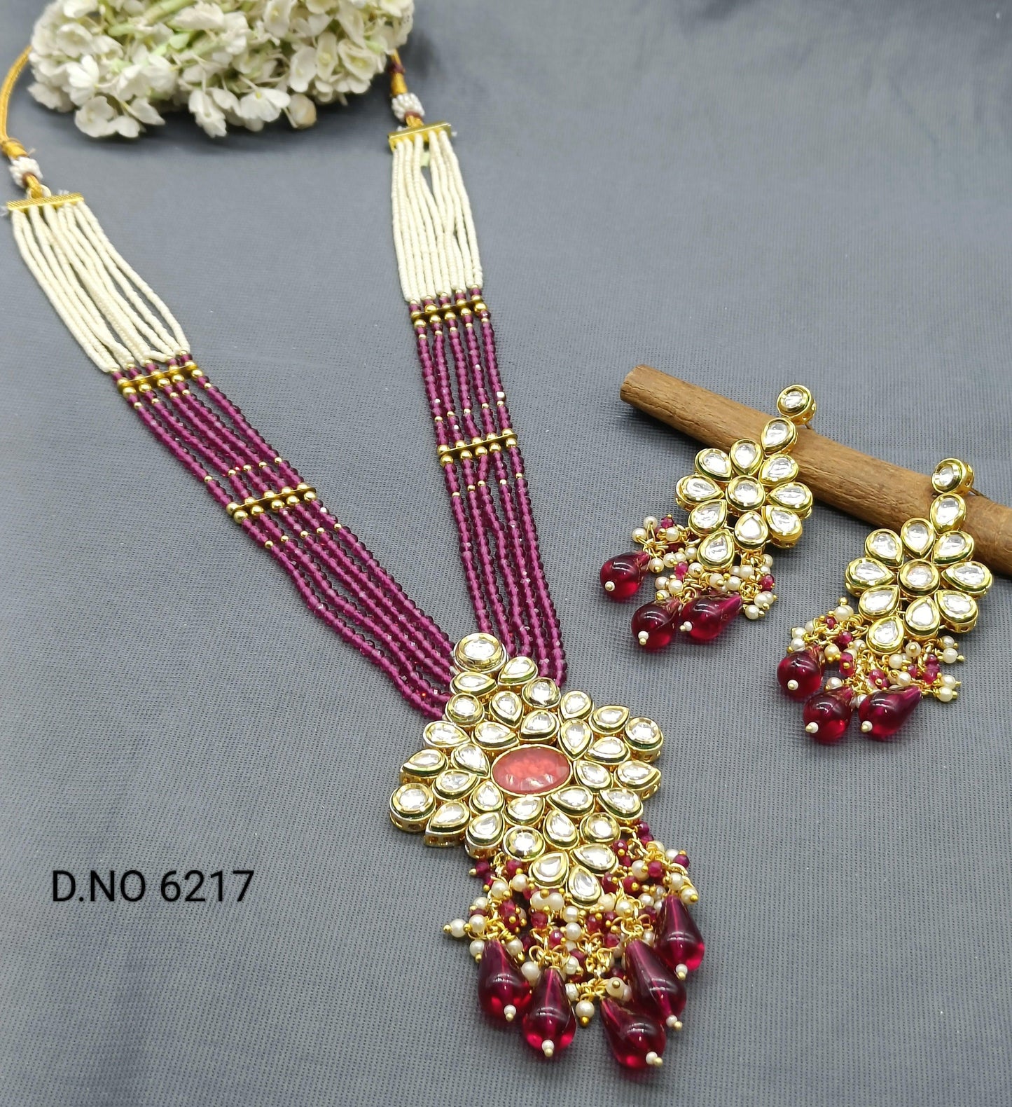 Kundan pearl Long Necklace Set Sku 6217 D4 - rchiecreation