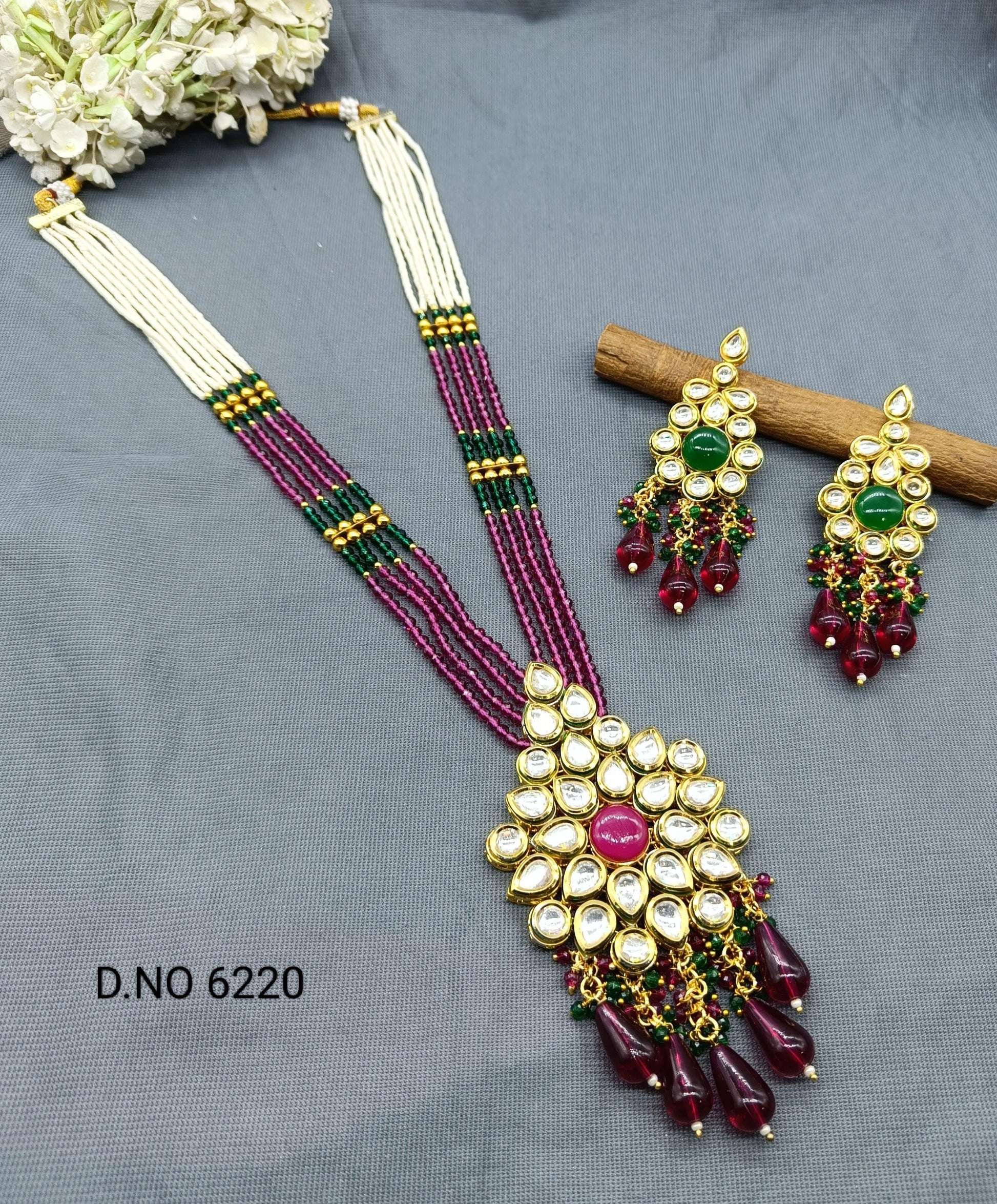 Kundan pearl Long Necklace Set Sku 6220 D4 - rchiecreation