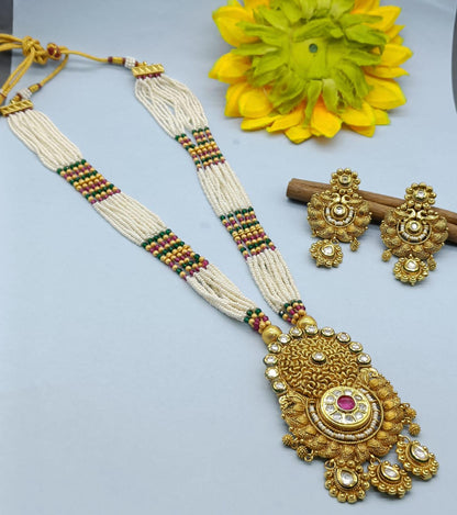 Kundan Pearl Long Necklace Set Sku-6260 D3 - rchiecreation