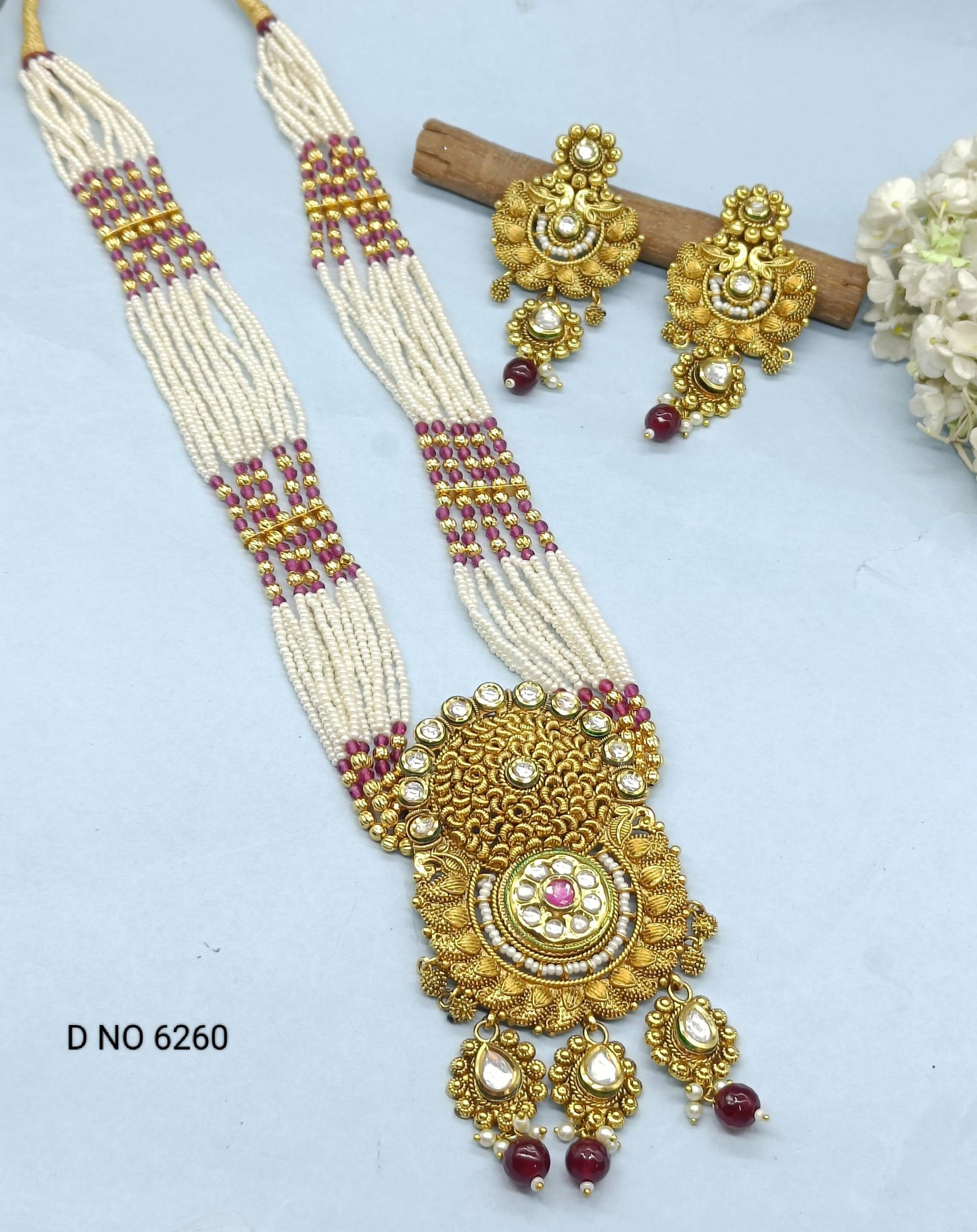 Kundan Pearl Long Necklace Set Sku-6260 D3 - rchiecreation