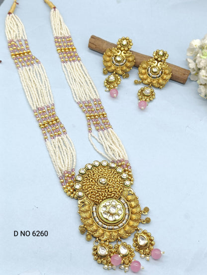 Kundan Pearl Long Necklace Set Sku-6260 D3 - rchiecreation