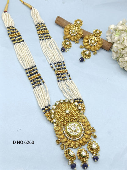 Kundan Pearl Long Necklace Set Sku-6260 D3 - rchiecreation