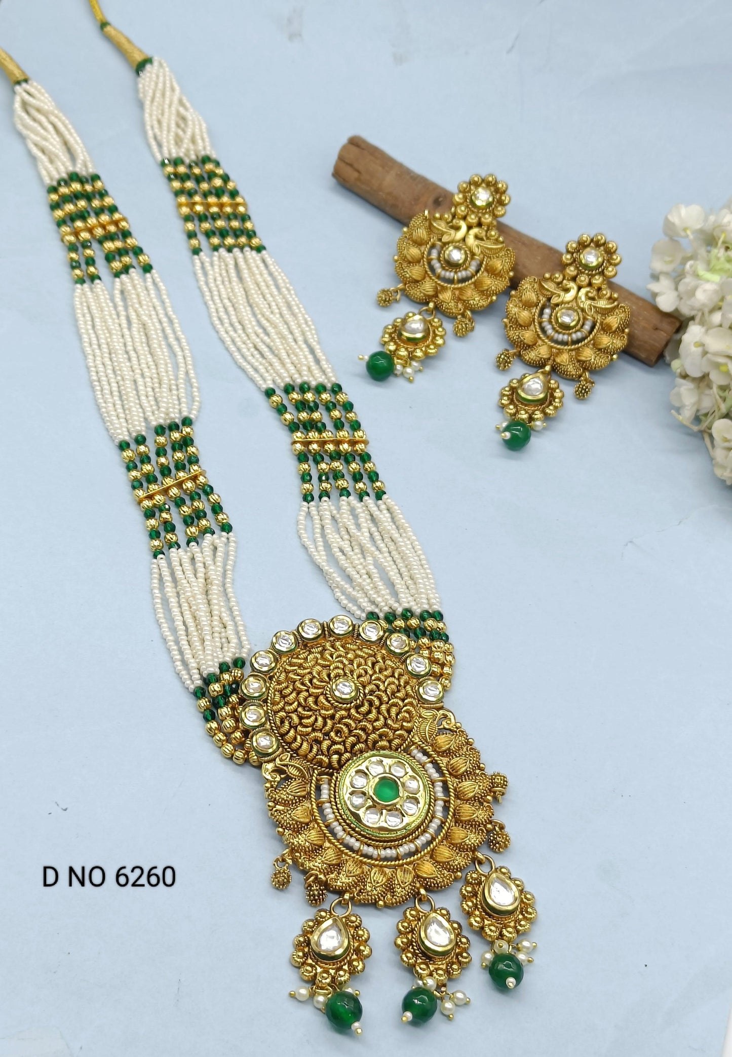 Kundan Pearl Long Necklace Set Sku-6260 D3 - rchiecreation