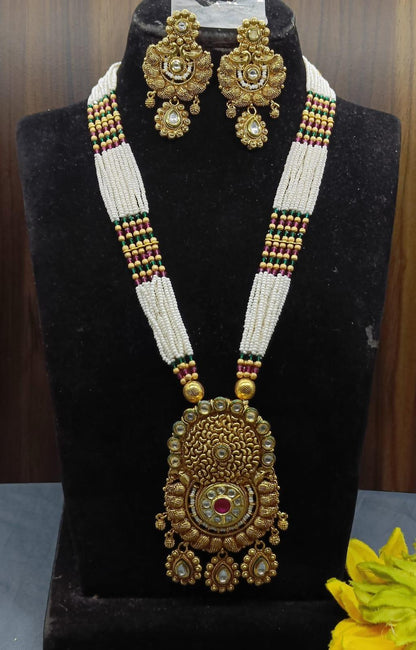 Kundan Pearl Long Necklace Set Sku-6260 D3 - rchiecreation