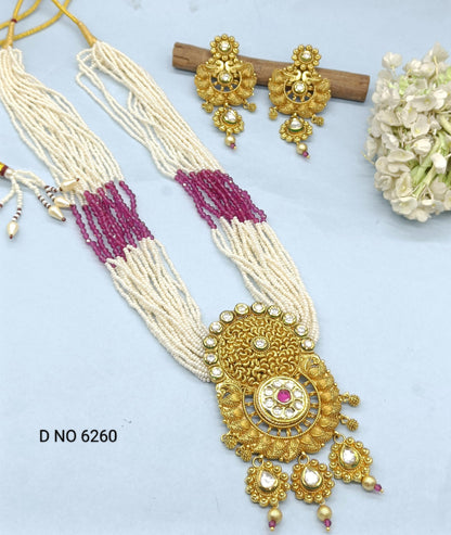 Kundan Pearl Long Necklace Set Sku-6260 D3 - rchiecreation