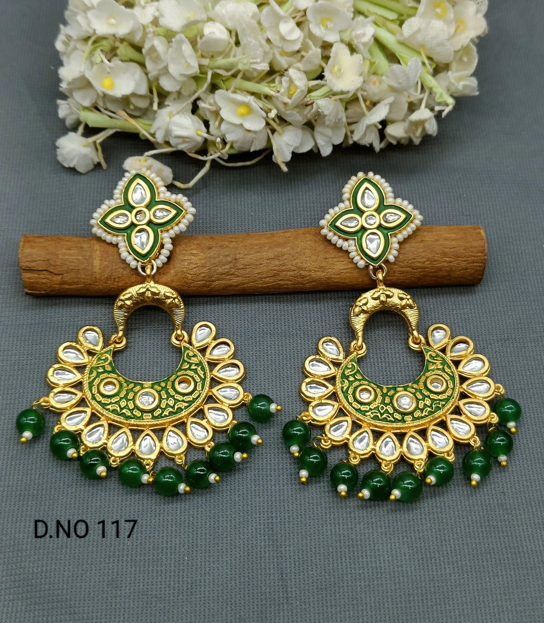 Minakari Green Kundan Earring SKU 117 D3 - rchiecreation