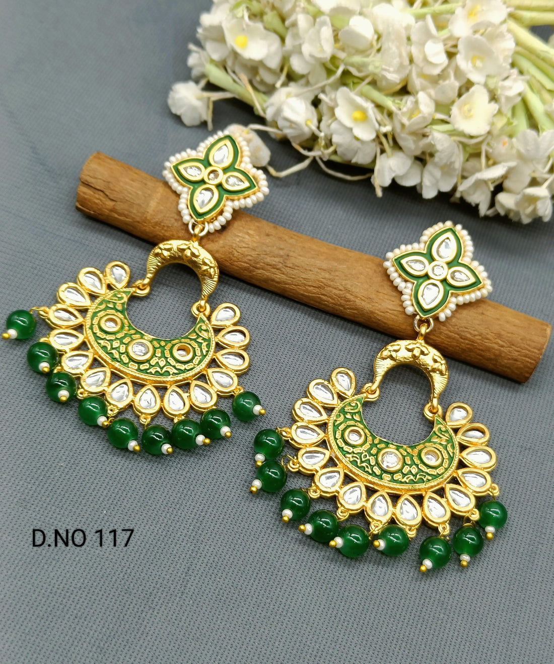 Minakari Green Kundan Earring SKU 117 D3 - rchiecreation
