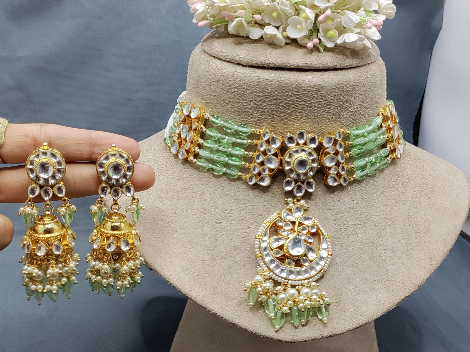 Mint Choker Pachi kundan Necklace Sku-2142 - rchiecreation