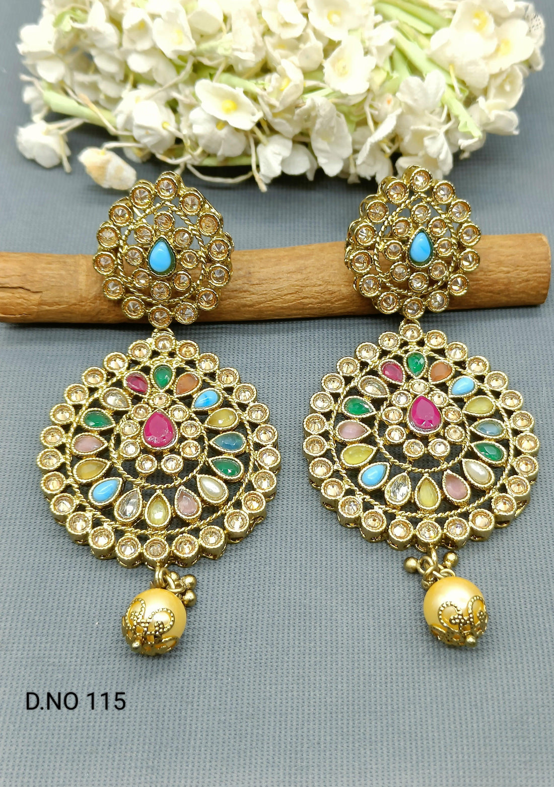 Navratan Polki Earring Sku 115 E3 - rchiecreation