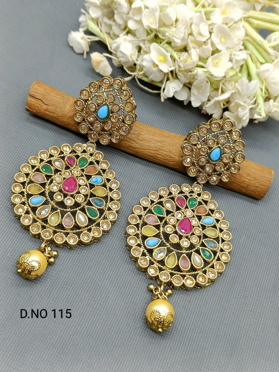 Navratan Polki Earring Sku 115 E3 - rchiecreation