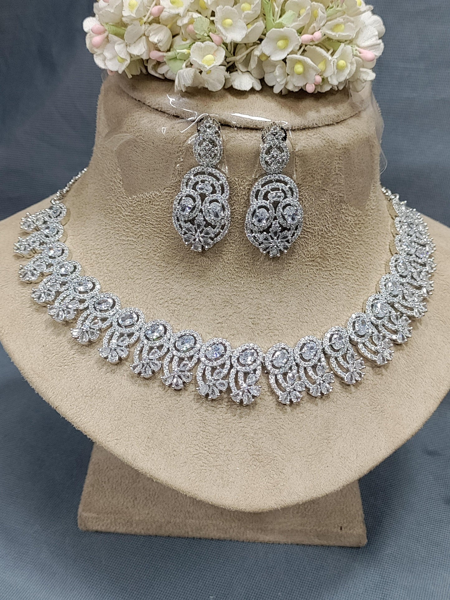 Party Wear Diamond Necklace Rodium Sku-6058 C3 - rchiecreation