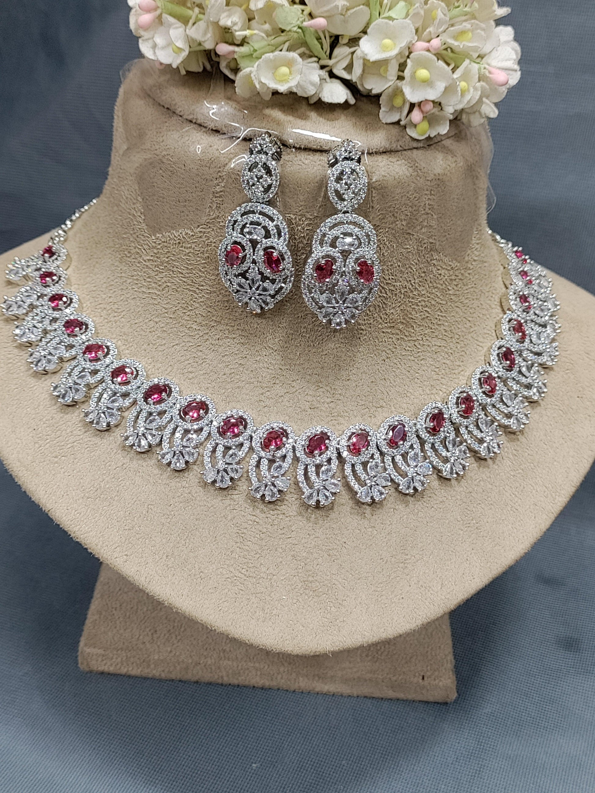 Party Wear Diamond Necklace Rodium Sku-6058 C3 - rchiecreation