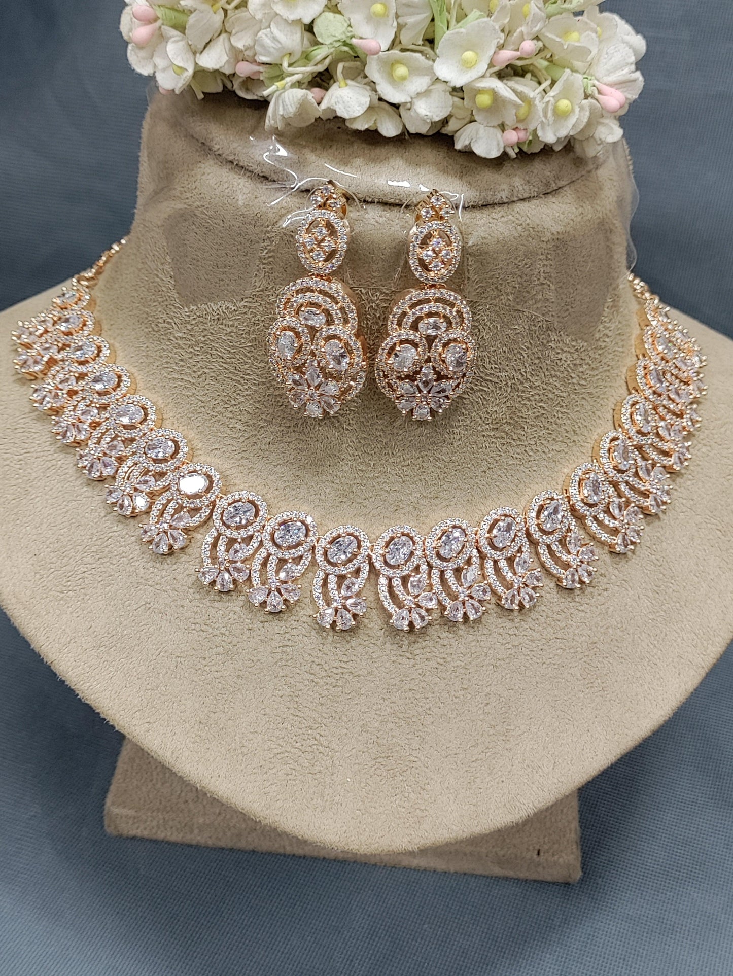 Party Wear Diamond Necklace Rosegold Sku-6058 C3 - rchiecreation