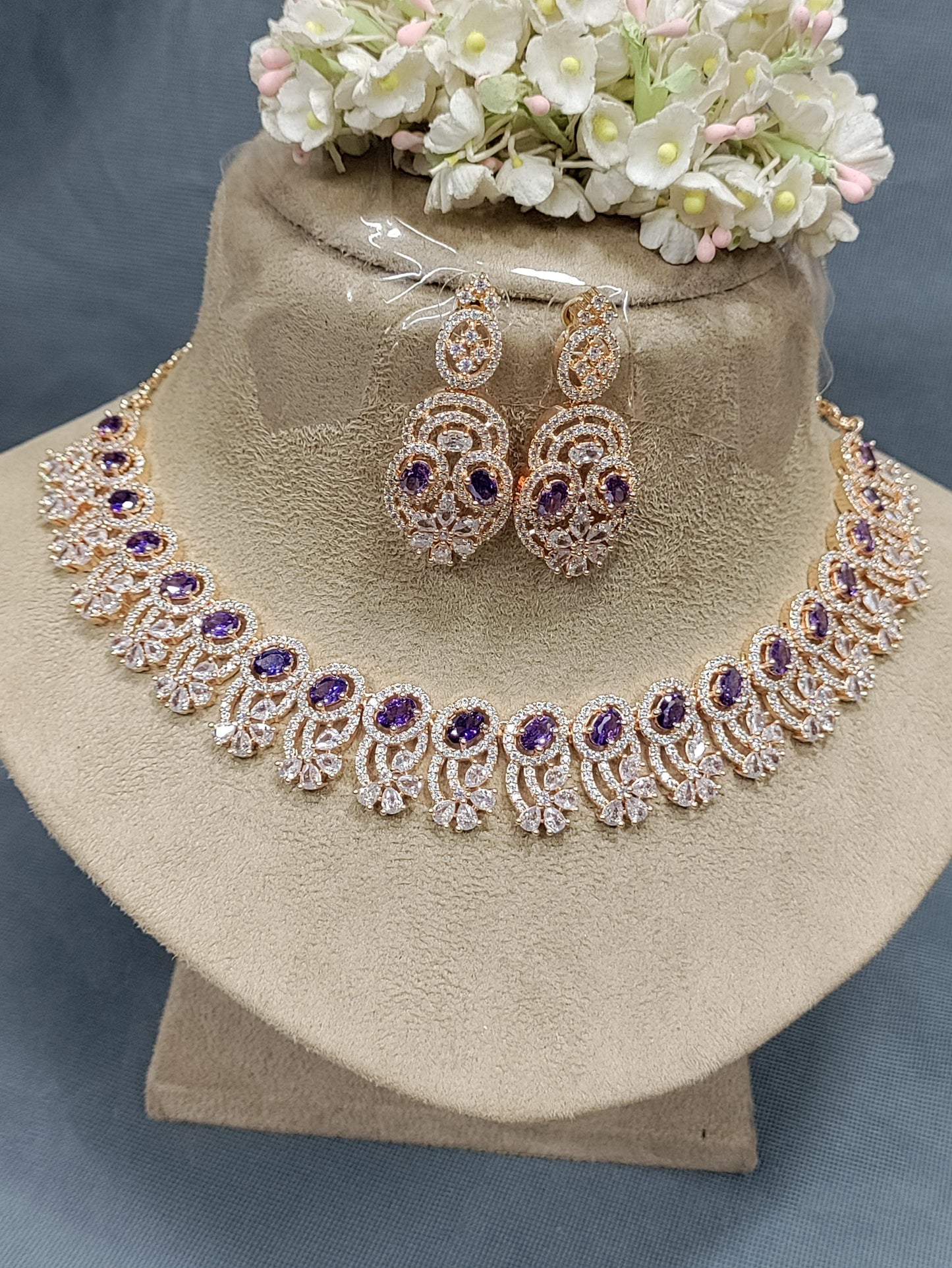 Party Wear Diamond Necklace Rosegold Sku-6058 C3 - rchiecreation