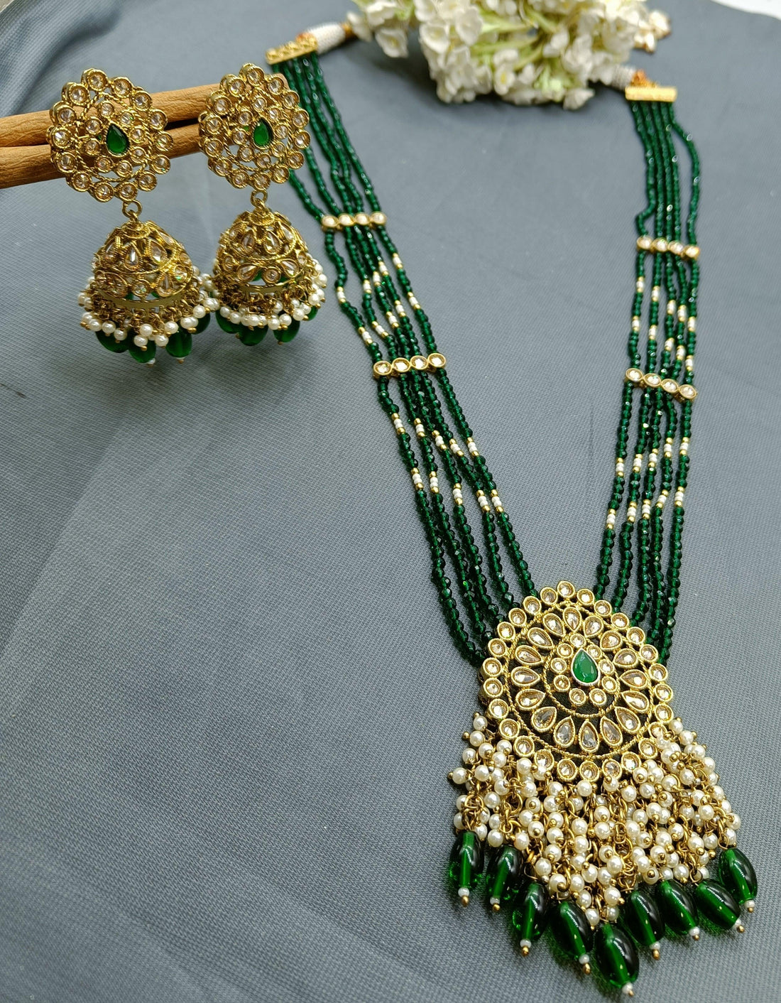 Pearl Long Polki Necklace Mehndi Set Sku-501 B3 - rchiecreation
