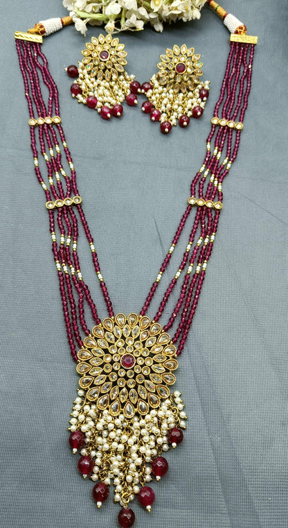 Pearl Long Polki Necklace Mehndi Set Sku- 502 B1 - rchiecreation