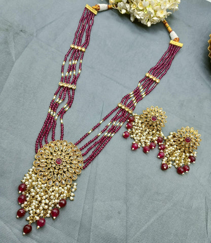 Pearl Long Polki Necklace Mehndi Set Sku- 502 B1 - rchiecreation