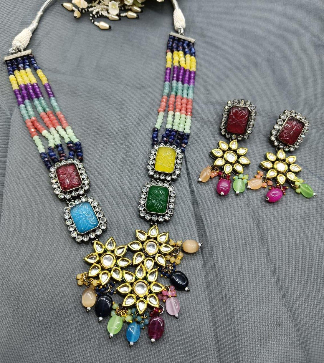 Pearl Long Polki Necklace Mehndi Set Sku-5817 B3 - rchiecreation