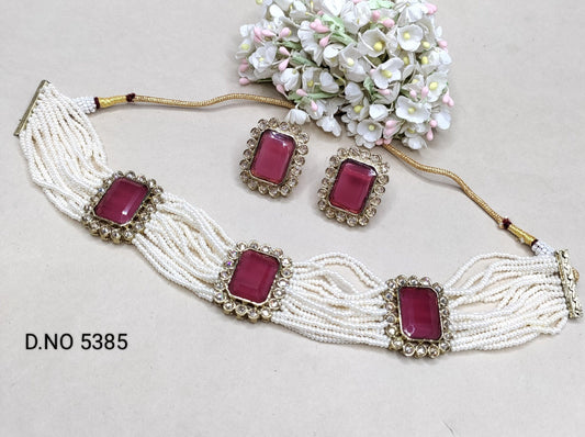 Pearl Polki Choker Necklace Mehndi Set Sku-5385 B2 - rchiecreation