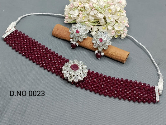 Pearl Polki Choker Necklace Rodium Set Sku -0023 B2 - rchiecreation