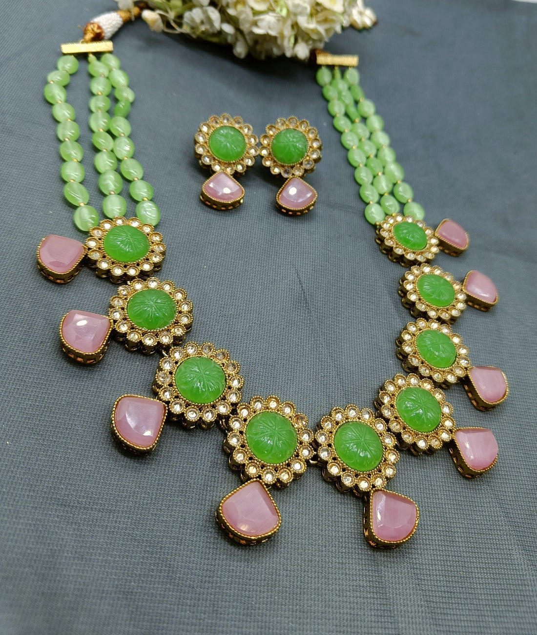 Pearl Polki Long Necklace Mehndi Set Sku- 505 B3 - rchiecreation