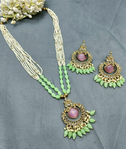 Pearl Polki Long Necklace Mehndi Set Sku- 506 B3 - rchiecreation