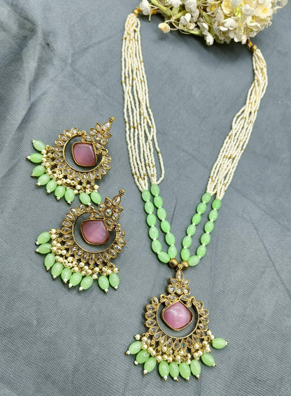 Pearl Polki Long Necklace Mehndi Set Sku- 506 B3 - rchiecreation