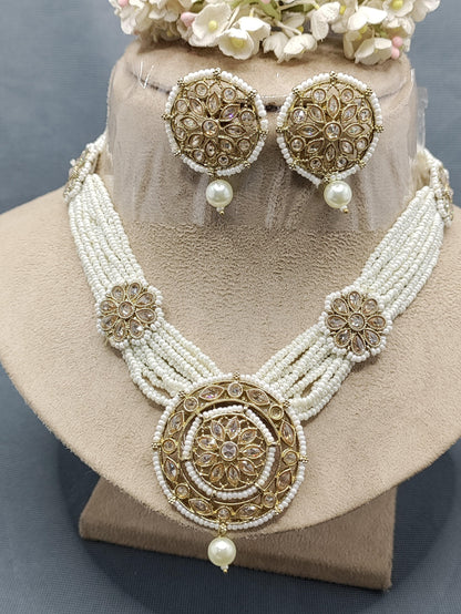 Pearl Polki Long Necklace Mehndi Set Sku-6140 B3 - rchiecreation