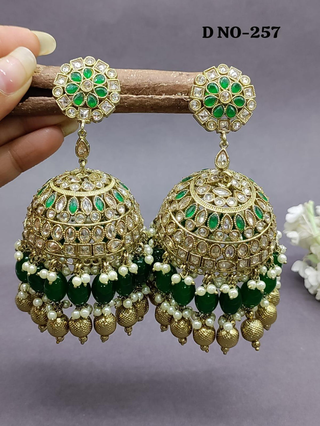 Polki Big Jhumki Earring Mehndi Sku -257 A3 - rchiecreation