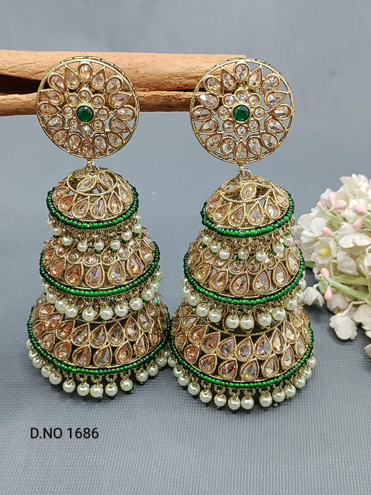 Polki Double Jhumki Mehndi Earring Sku 1686 A3 - rchiecreation