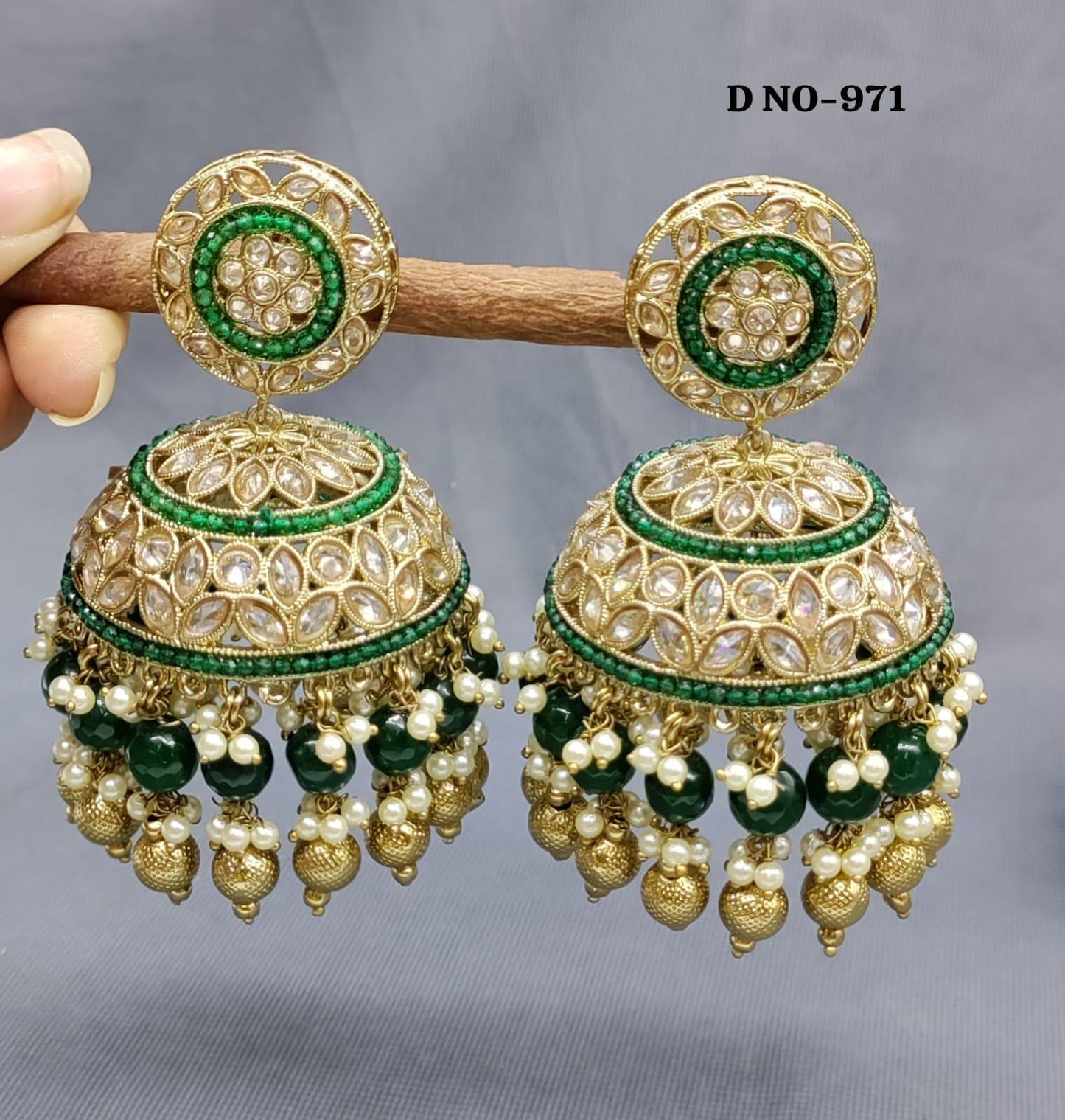 Polki Jhumki Earring Mahndi Sku 971 A3 - rchiecreation