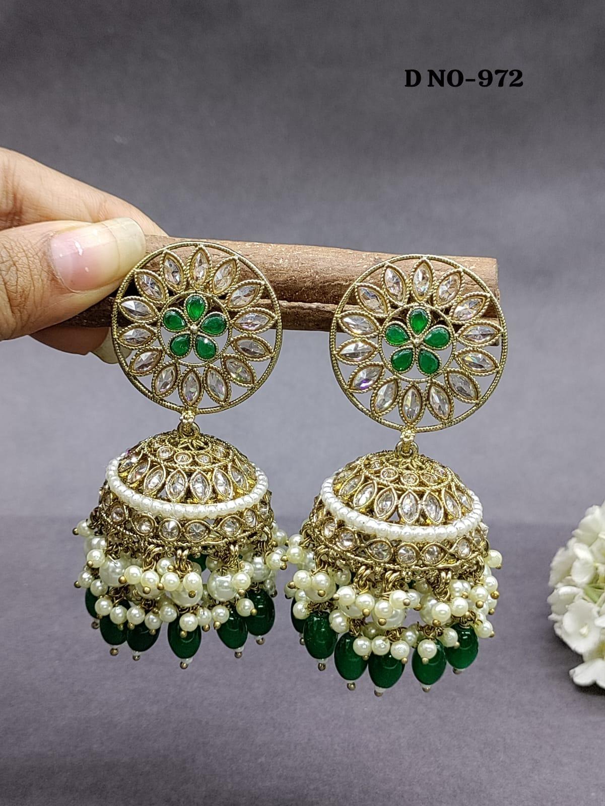 Polki Jhumki Earring Mahndi Sku 972 A3 - rchiecreation