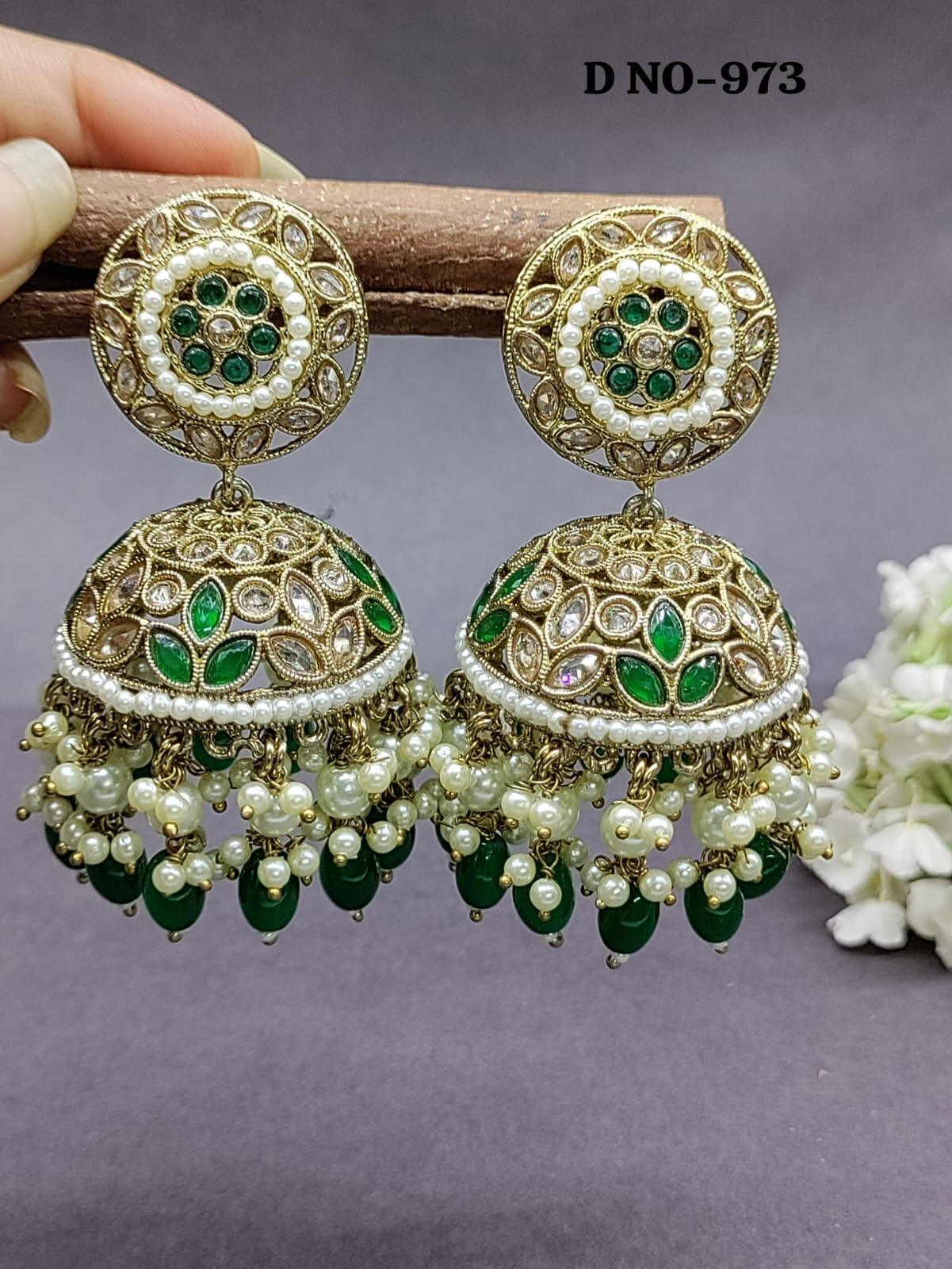 Polki Jhumki Earring Mahndi Sku 973 A3 - rchiecreation